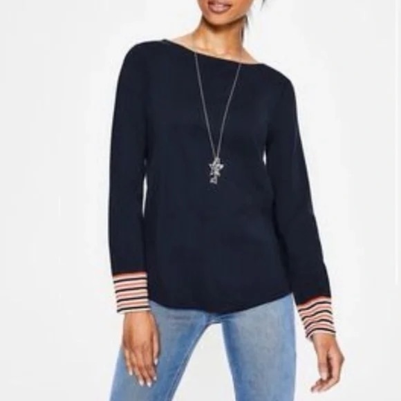 Boden | Navy Blue Striped Cuff Long Sleeve Boat Neck Tee, Small - Picture 2 of 6